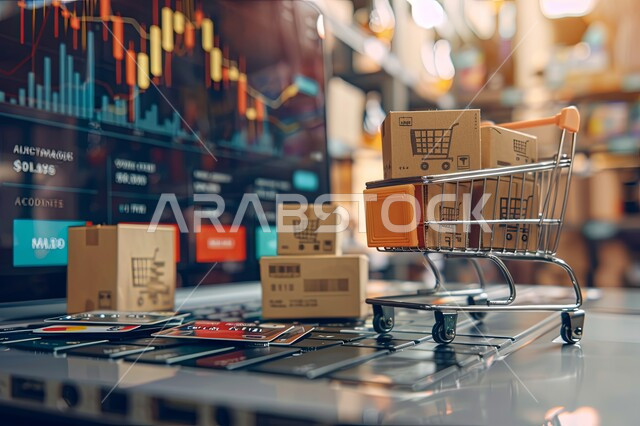 مفهوم التسوق عبر الانترنت، صورة مقربة لعربة تسوق مع اكياس ورقية ملونة وجهاز اللابتوب المحمول، العمل في التجارة والتسويق الإلكتروني، استخدام التقنيات الالكترونية الحديثة، الرسوم البيانية الخاصة بصعود وهبوط البورصة المالية، الاستثمار المالي والاقتصادي