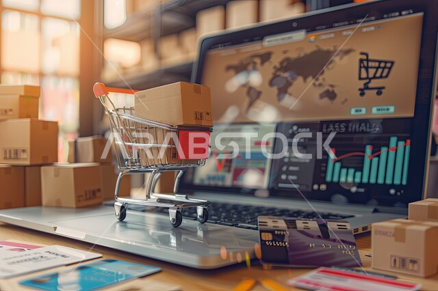 مفهوم التسوق عبر الانترنت، صورة مقربة لعربة تسوق مع اكياس ورقية ملونة وجهاز اللابتوب المحمول، العمل في التجارة والتسويق الإلكتروني، استخدام التقنيات الالكترونية الحديثة، الرسوم البيانية الخاصة بصعود وهبوط البورصة المالية، الاستثمار المالي والاقتصادي