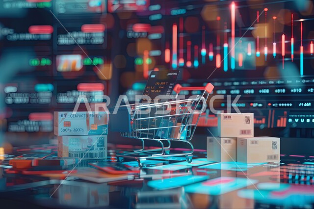 مفهوم التسوق عبر الانترنت، صورة مقربة لعربة تسوق مع اكياس ورقية ملونة وجهاز اللابتوب المحمول، العمل في التجارة والتسويق الإلكتروني، استخدام التقنيات الالكترونية الحديثة، الرسوم البيانية الخاصة بصعود وهبوط البورصة المالية، الاستثمار المالي والاقتصادي