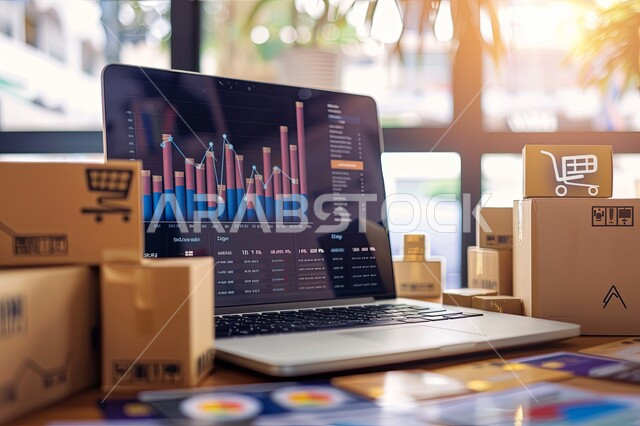 العمل في التجارة والتسويق الإلكتروني، مفهوم التسوق عبر الانترنت، صورة مقربة للرسوم البيانية الخاصة بصعود وهبوط البورصة المالية على جهاز اللابتوب المحمول، استخدام التقنيات الالكترونية الحديثة، الاستثمار المالي والاقتصادي