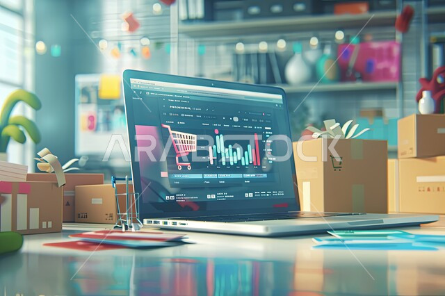 العمل في التجارة والتسويق الإلكتروني، مفهوم التسوق عبر الانترنت، صورة مقربة للرسوم البيانية الخاصة بصعود وهبوط البورصة المالية على جهاز اللابتوب المحمول، استخدام التقنيات الالكترونية الحديثة، الاستثمار المالي والاقتصادي