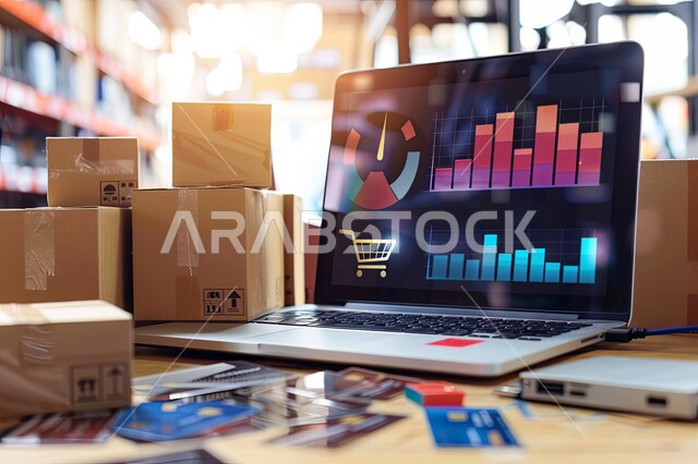 Working in e-commerce and marketing, the concept of online shopping, a close-up of the charts of the rise and fall of the financial stock market on a laptop, the use of modern electronic technologies, financial and economic investment