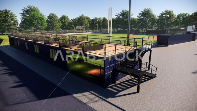 أنشطة ترفيهية وأماكن تدريبية، المطاعم والكافيهات المطلة على الأندية والملاعب الرياضية, ممارسة الهوايات الممتعة، العاب اولمبية ورياضات صيفية, ملعب كرة البيسبول في حديقة عامة وقت النهار، الاهتمام بالأشجار والنباتات الخضراء