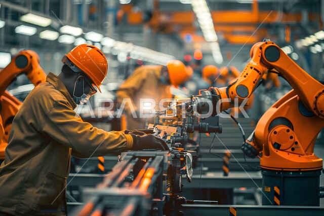 الاعتماد على التشغيل الآلي في معامل المملكة العربية السعودية، رؤية سعودية مستقبلية 2030، تحقيق الثورة الصناعية، علوم و تكنولوجيا انتاج المصانع، عمال يقومون بمراقبة اذرع روبوتات الصناعة الذكية المتطورة في تصنيع هياكل السيارات