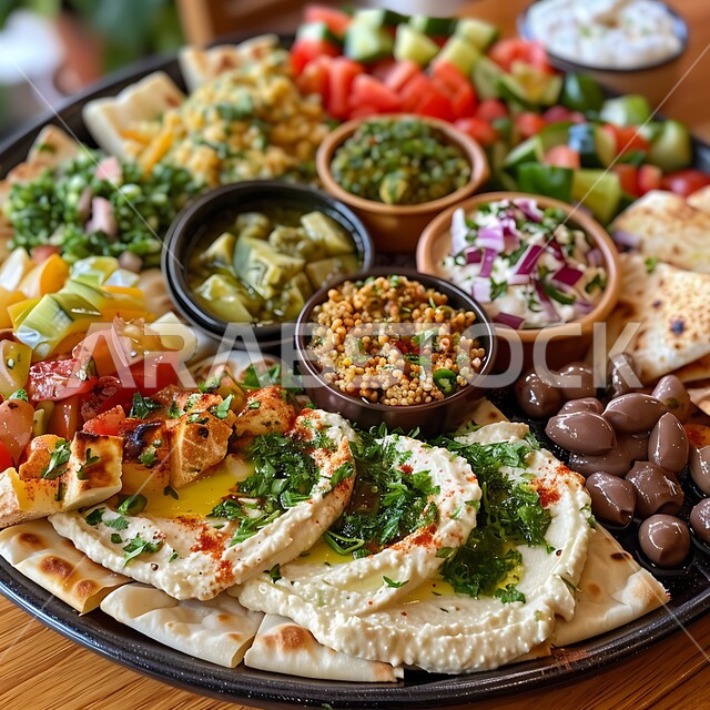 كريم الحمص اللذيذ المزين بالتوابل والخضراوات، فطور عربي تقليدي، سلطة التبولة الغنية بالخضار، تزيين الطعام بأساليب فنية، وصفات طعام شرقية عربية سعودية، أطباق ومأكولات شعبية تقليدية، المقبلات النباتية الباردة اللذيذة