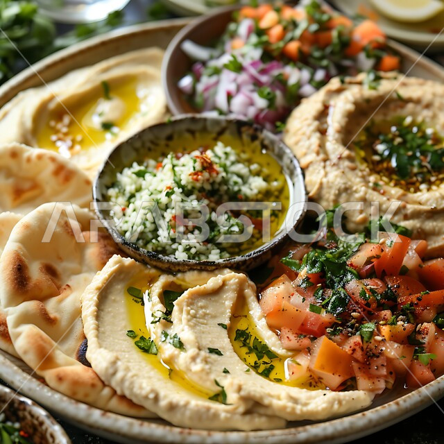 طبق من كريم الحمص اللذيذ المزين بالتوابل والخضراوات، المقبلات النباتية الباردة اللذيذة، مأكولات وأطباق شعبية تقليدية، وصفات طعام شرقية عربية سعودية، تزيين الطعام بأساليب فنية، فطور عربي تقليدي، سلطة التبولة الغنية بالخضار