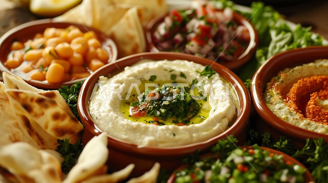 المقبلات النباتية الباردة اللذيذة، طبق من كريم الحمص اللذيذ المزين بالتوابل والخضراوات، مأكولات وأطباق شعبية تقليدية، وصفات طعام شرقية عربية سعودية، تزيين الطعام بأساليب فنية، فطور عربي تقليدي، سلطة التبولة الغنية بالخضار