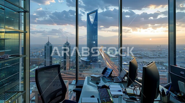 ديكورات واصاميم داخلية راقية للغرف المكتبية، مكتب بواجهه زجاجية مطلة على الأبراج وناطحات السحاب المشهورة، غرفة عمل مجهزة بالأدوات والأجهزة التقنية الحديثة، ديكور عصري حديث لمكاتب الشركات السعودية، الفن الهندسي المعماري للمباني الشاهقة في مدينة الرياض