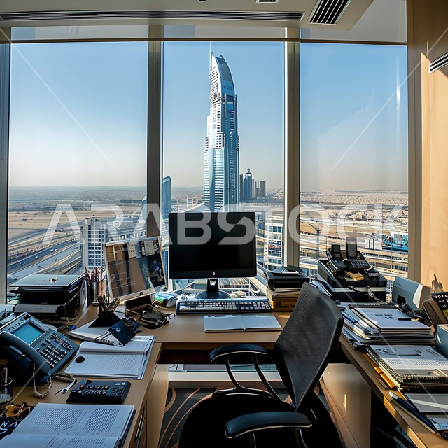 تصاميم داخلية وديكورات راقية للغرف المكتبية، مكتب بواجهه زجاجية مطلة على الأبراج وناطحات السحاب المشهورة، غرفة عمل مجهزة بالأدوات والأجهزة التقنية الحديثة، ديكور عصري حديث لمكاتب الشركات السعودية، الفن الهندسي المعماري للمباني الشاهقة في مدينة الرياض