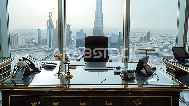 ديكور عصري حديث لمكاتب الشركات السعودية، الفن الهندسي المعماري للمباني الشاهقة في مدينة الرياض، غرف مكتبية بتصاميم داخلية وديكورات راقية، غرفة عمل مجهزة بالأدوات والأجهزة التقنية الحديثة، مكتب بواجهه زجاجية مطلة على الأبراج وناطحات السحاب المشهورة