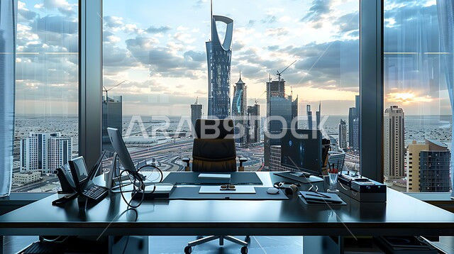 تصميم عصري حديث لمكاتب الشركات السعودية، الفن الهندسي المعماري للمباني الشاهقة في مدينة الرياض، غرف مكتبية بتصاميم داخلية وديكورات راقية، غرفة عمل مجهزة بالأدوات والأجهزة التقنية الحديثة، مكتب بواجهه زجاجية مطلة على الأبراج وناطحات السحاب المشهورة