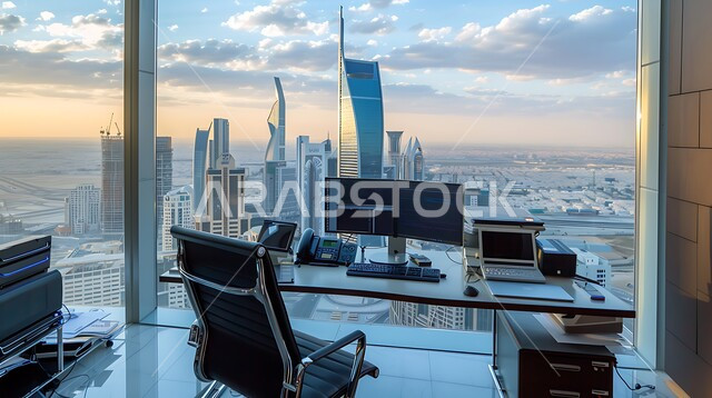 غرف مكتبية بتصاميم داخلية وديكورات راقية، الفن الهندسي المعماري للمباني الشاهقة في مدينة الرياض، تصميم عصري حديث لمكاتب الشركات السعودية، غرفة عمل مجهزة بالأدوات والأجهزة التقنية الحديثة، مكتب بواجهه زجاجية مطلة على الأبراج وناطحات السحاب المشهورة