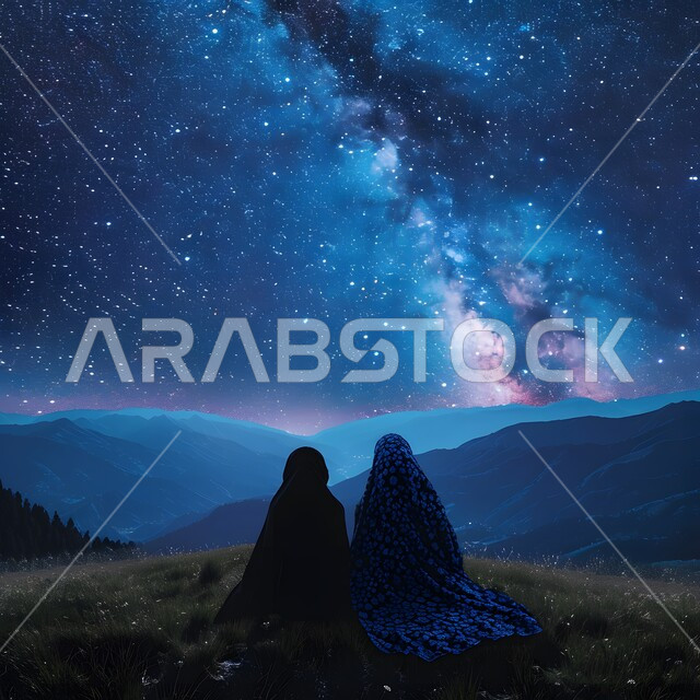Enjoying time in natural areas, contemplating the starry sky, a back view of two veiled Saudi Arabian Gulf women sitting on a green grassy ground