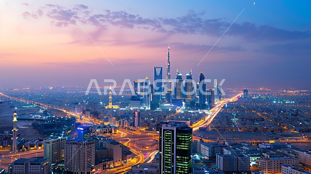 الفن المعماري المتطور لآبراج وناطحات السحاب في الرياض, الواجهة السياحية لجذب الزوار من أنحاء العالم, تنمية ونمو البناء الهندسي في المملكة العربية السعودية, أماكن ومعالم السياحة المشهورة, المباني والمنشآت المضاءة وقت الغروب، حركة مرور السيارات في الشوارع 