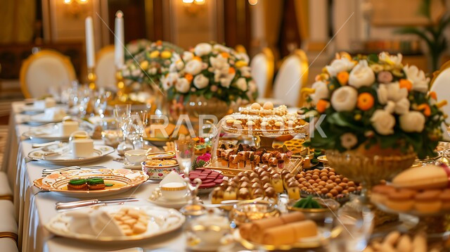 الوجبات والحلويات اللذيذة، طاولة طعام مزينة بالأزهار الطبيعية، المطابخ والمطاعم في المملكة العربية السعودية، أصناف الأطباق والمقبلات العربية الشرقية، سفرة من المأكولات الشعبية التقليدية الشهية، كرم الضيافة في المناسبات وحفلات الزفاف