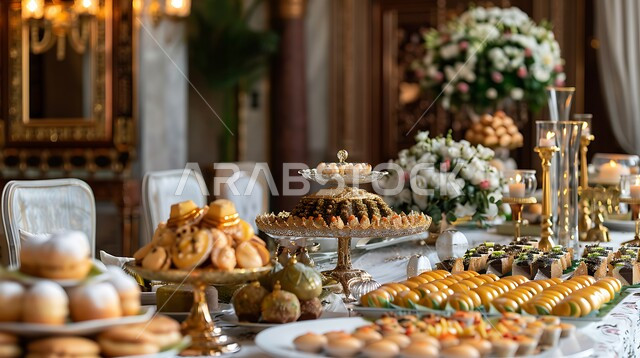 الحلويات والوجبات اللذيذة، طاولة طعام مزينة بالأزهار الطبيعية، المطابخ والمطاعم في المملكة العربية السعودية، أصناف الأطباق والمقبلات العربية الشرقية، سفرة من المأكولات الشعبية التقليدية الشهية، كرم الضيافة في المناسبات وحفلات الزفاف