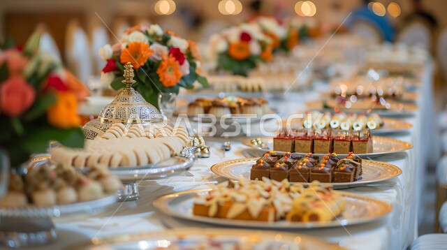 طاولة طعام مزينة بالأزهار الطبيعية، المطابخ والمطاعم في المملكة العربية السعودية، أصناف الأطباق والمقبلات العربية الشرقية، سفرة من المأكولات الشعبية التقليدية الشهية، كرم الضيافة في المناسبات وحفلات الزفاف، الحلويات والوجبات اللذيذة