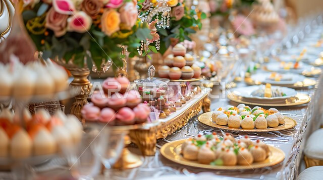 المطابخ والمطاعم في المملكة العربية السعودية، أصناف الأطباق والمقبلات العربية الشرقية، سفرة من المأكولات الشعبية التقليدية الشهية، كرم الضيافة في المناسبات وحفلات الزفاف، الحلويات والوجبات اللذيذة، طاولة طعام مزينة بالأزهار الطبيعية