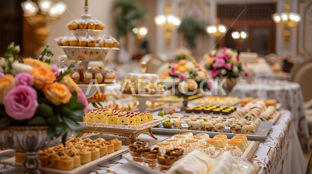 المطاعم والمطابخ في المملكة العربية السعودية، أصناف الأطباق والمقبلات العربية الشرقية، سفرة من المأكولات الشعبية التقليدية الشهية، كرم الضيافة في المناسبات وحفلات الزفاف، الحلويات والوجبات اللذيذة، طاولة طعام مزينة بالأزهار الطبيعية