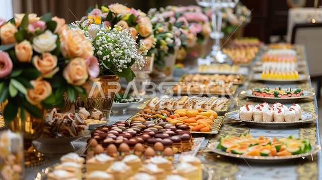 أصناف الأطباق والمقبلات العربية الشرقية، سفرة من المأكولات الشعبية التقليدية الشهية، كرم الضيافة في المناسبات وحفلات الزفاف، الحلويات والوجبات اللذيذة، طاولة طعام مزينة بالأزهار الطبيعية، المطاعم والمطابخ في المملكة العربية السعودية
