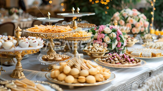 كرم الضيافة في المناسبات وحفلات الزفاف، الحلويات والوجبات اللذيذة، طاولة طعام مزينة بالأزهار الطبيعية، سفرة من المأكولات الشعبية التقليدية الشهية، أصناف الأطباق والمقبلات العربية الشرقية، المطاعم والمطابخ في المملكة العربية السعودية