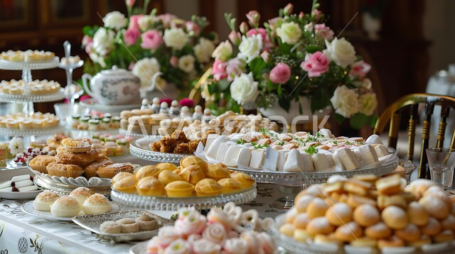 Dining table decorated with natural flowers, delicious meals and desserts, hospitality at events and weddings, a table of delicious traditional popular foods, types of oriental Arabic dishes and appetizers, restaurants and kitchens in the Kingdom of Saudi Arabia