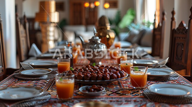 فطور صحي على الطاولة في وقت المغرب، حلول موعد الإفطار، إنتظار وقت الأذان لكسر الصيام، العصائر الطبيعية المليئة بالفيتامينات المغذية، مائدة مليئة بالمقبلات والأطعمة الصحية، الإتيكيت بترتيب سفرة الطعام 