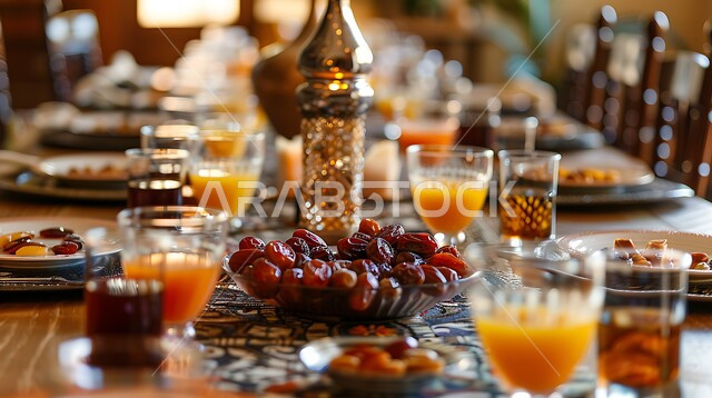 حلول موعد الإفطار، إنتظار وقت الأذان لكسر الصيام، العصائر الطبيعية المليئة بالفيتامينات المغذية، مائدة مليئة بالمقبلات والأطعمة الصحية، الإتيكيت بترتيب سفرة الطعام , فطور صحي على الطاولة في وقت المغرب