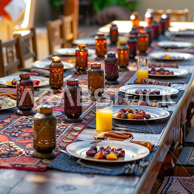 إنتظار وقت الأذان لكسر الصيام، العصائر الطبيعية المليئة بالفيتامينات المغذية، مائدة مليئة بالمقبلات والأطعمة الصحية، الإتيكيت بترتيب سفرة الطعام , فطور صحي على الطاولة في وقت المغرب, حلول موعد الإفطار