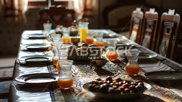 مائدة مليئة بالمقبلات والأطعمة الصحية، الإتيكيت بترتيب سفرة الطعام , فطور صحي على الطاولة في وقت المغرب, العصائر الطبيعية المليئة بالفيتامينات المغذية، إنتظار وقت الأذان لكسر الصيام، حلول موعد الإفطار