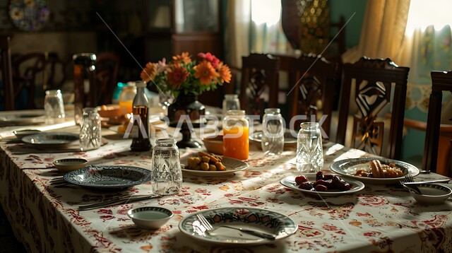 طاولة كبيرة مليئة بالمقبلات والأطعمة الصحية، الإتيكيت بترتيب سفرة الطعام , فطور صحي على المائدة في وقت المغرب, العصائر الطبيعية المليئة بالفيتامينات المغذية، إنتظار وقت الأذان لكسر الصيام، حلول موعد الإفطار