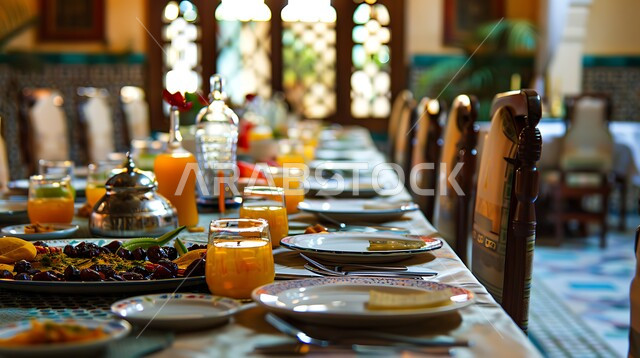 الإتيكيت بترتيب سفرة الطعام , فطور صحي على المائدة في وقت المغرب, طاولة كبيرة مليئة بالمقبلات والأطعمة الصحية، العصائر الطبيعية المليئة بالفيتامينات المغذية، إنتظار وقت الأذان لكسر الصيام، حلول موعد الإفطار