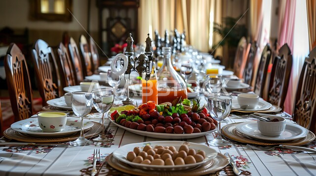 فطور صحي على المائدة في وقت المغرب, الإتيكيت بترتيب سفرة الطعام , طاولة كبيرة مليئة بالمقبلات والأطعمة الصحية، العصائر الطبيعية المليئة بالفيتامينات المغذية، إنتظار وقت الأذان لكسر الصيام، حلول موعد الإفطار