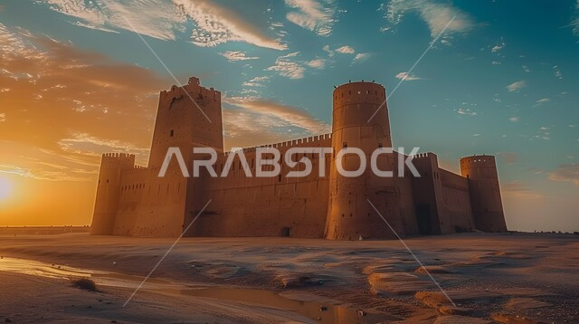 حصن قديم في وسط الصحراء، مبنى حجري اثري بالمملكة العربية السعودية، أماكن سياحية تاريخية، الفن الهندسي المعماري على الطراز القديم، منظر السماء في وقت غروب الشمس