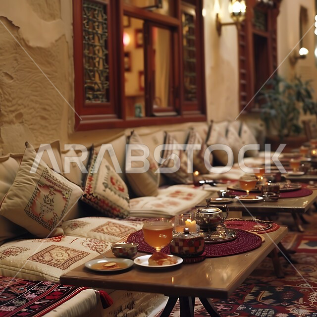 الفنون الهندسية المعمارية على الطراز التراثي القديم، معد لأمسية من الشاي والمحادثة، ديوان عربي تقليدي يضم وسائد مريحة وطاولات منخفضة، الديكورات والتصاميم للتحف والاكسسوارات شعبية
