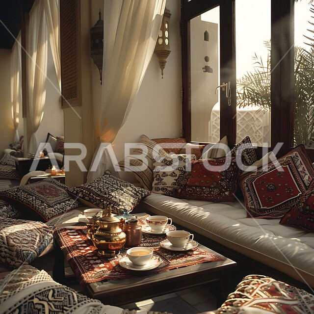 الهندسة المعمارية على الطراز التراثي القديم، معد لأمسية من الشاي والمحادثة، ديوان عربي تقليدي يضم وسائد مريحة وطاولات منخفضة، الديكورات والتصاميم للتحف والاكسسوارات شعبية