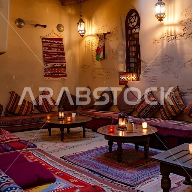 معد لأمسية من الشاي والمحادثة، ديوان عربي تقليدي يضم وسائد مريحة وطاولات منخفضة، الديكورات والتصاميم للتحف والاكسسوارات شعبية، الفن الهندسي المعماري على الطراز التراثي القديم