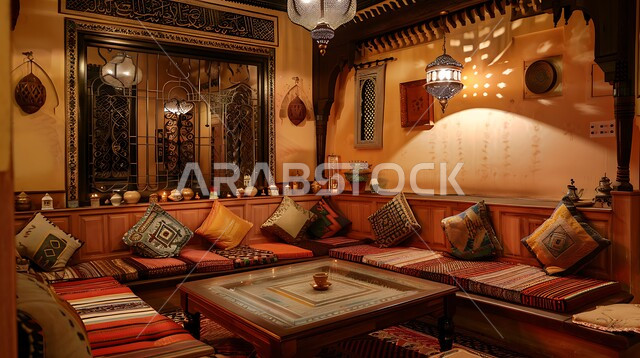 ديوان عربي تقليدي يضم وسائد مريحة وطاولات منخفضة، الديكورات والتصاميم للتحف والاكسسوارات شعبية، الفن الهندسي المعماري على الطراز التراثي القديم، معد لأمسية من الشاي والمحادثة