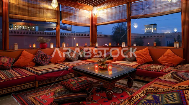 الديكورات والتصاميم للتحف والاكسسوارات شعبية، الفن الهندسي المعماري على الطراز التراثي القديم، معد لأمسية من الشاي والمحادثة، ديوان عربي تقليدي يضم وسائد مريحة وطاولات منخفضة