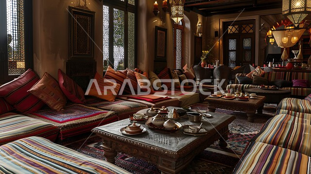 التصاميم والديكورات للتحف والاكسسوارات شعبية، الفن الهندسي المعماري على الطراز التراثي القديم، معد لأمسية من الشاي والمحادثة، ديوان عربي تقليدي يضم وسائد مريحة وطاولات منخفضة