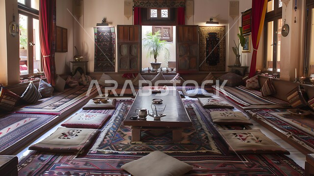 التحف والاكسسوارات بتصاميم وديكورات شعبية، الفن الهندسي المعماري على الطراز التراثي القديم، معد لأمسية من الشاي والمحادثة، ديوان عربي تقليدي يضم وسائد مريحة وطاولات منخفضة