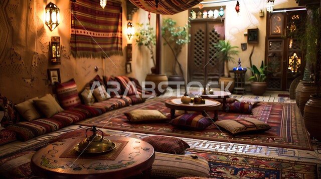 الاكسسوارات والتحف بتصاميم وديكورات شعبية، الفن الهندسي المعماري على الطراز التراثي القديم، معد لأمسية من الشاي والمحادثة، ديوان عربي تقليدي يضم وسائد مريحة وطاولات منخفضة