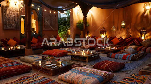 الفن الهندسي المعماري على الطراز التراثي القديم، معد لأمسية من الشاي والمحادثة، ديوان عربي تقليدي يضم وسائد مريحة وطاولات منخفضة، الاكسسوارات والتحف بتصاميم وديكورات شعبية