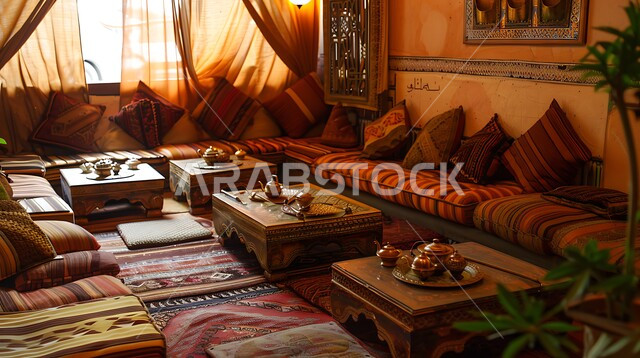 Set for an evening of tea and conversation, a traditional Arabic diwan with comfortable cushions and low tables, accessories and antiques with popular designs and decorations, architectural art in the old heritage style