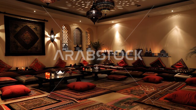الاكسسوارات والتحف بتصاميم وديكورات شعبية، ديوان عربي تقليدي يضم وسائد مريحة وطاولات منخفضة، معد لأمسية من الشاي والمحادثة، الفن الهندسي المعماري على الطراز التراثي القديم