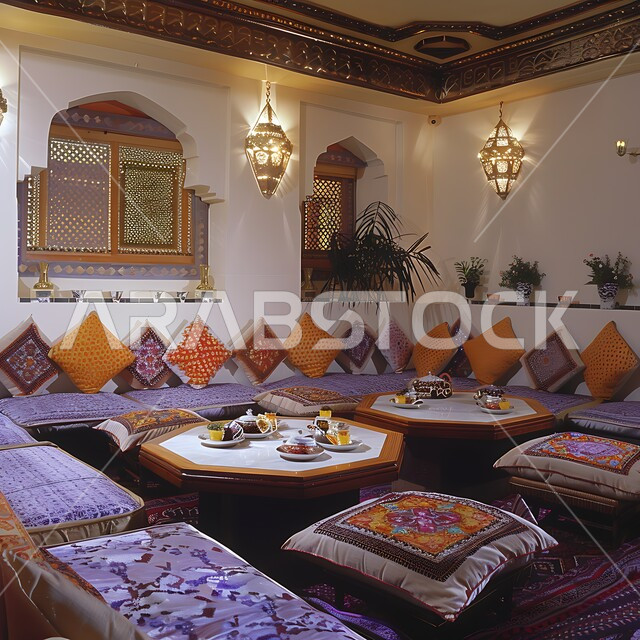 الديكورات والتصاميم للتحف والاكسسوارات الشعبية، ديوان عربي تقليدي يضم وسائد مريحة وطاولات منخفضة، معد لأمسية من الشاي والمحادثة، الفن الهندسي المعماري على الطراز التراثي القديم