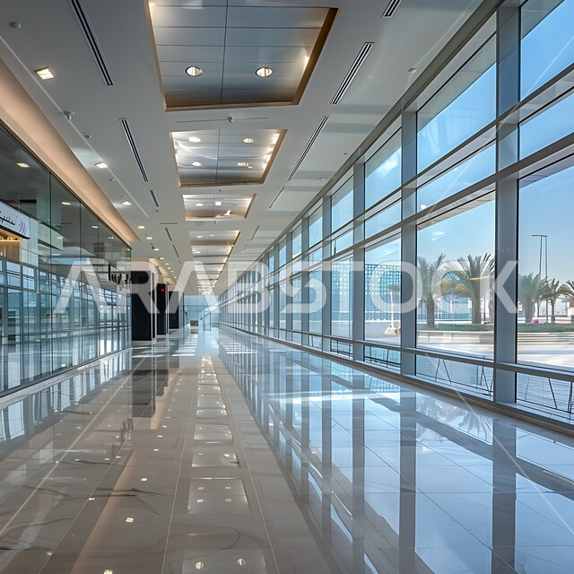 تصميم داخلي وديكورات راقية على الطراز الحديث، تصاميم عصرية حديثة للشركات السعودية، الفن الهندسي المعماري لمكاتب الأعمال، ممر طويل فارغ لشركة مكتبية بديكور راقي، نوافذ وواجهات زجاجية كبيرة