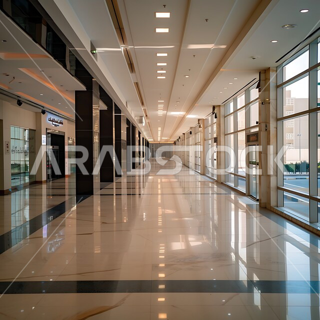ديكورات راقية وتصميم داخلي على الطراز الحديث، تصاميم عصرية حديثة للشركات السعودية، الفن الهندسي المعماري لمكاتب الأعمال، ممر طويل فارغ لشركة مكتبية بديكور راقي، نوافذ وواجهات زجاجية كبيرة