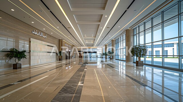 تصاميم عصرية حديثة للشركات السعودية، الفن الهندسي المعماري لمكاتب الأعمال، ممر طويل فارغ لشركة مكتبية بديكور راقي، نوافذ وواجهات زجاجية كبيرة، ديكورات راقية وتصميم داخلي على الطراز الحديث