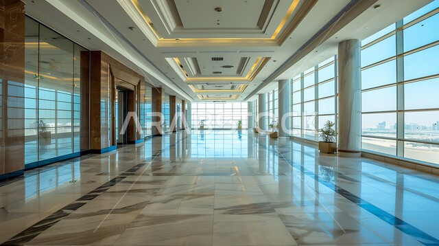 الفن الهندسي المعماري لمكاتب الأعمال، ممر طويل فارغ لشركة مكتبية بديكور راقي، نوافذ وواجهات زجاجية كبيرة، ديكورات راقية وتصميم داخلي على الطراز الحديث، تصاميم عصرية حديثة للشركات السعودية